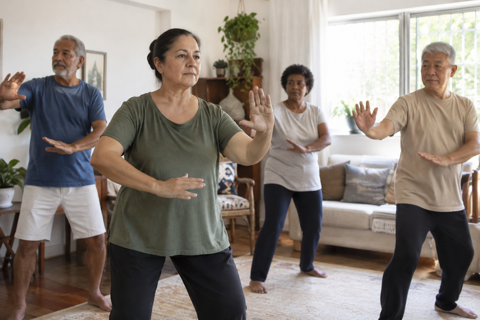 Grupo de adultos praticando Tai Chi para iniciantes em uma sala clara