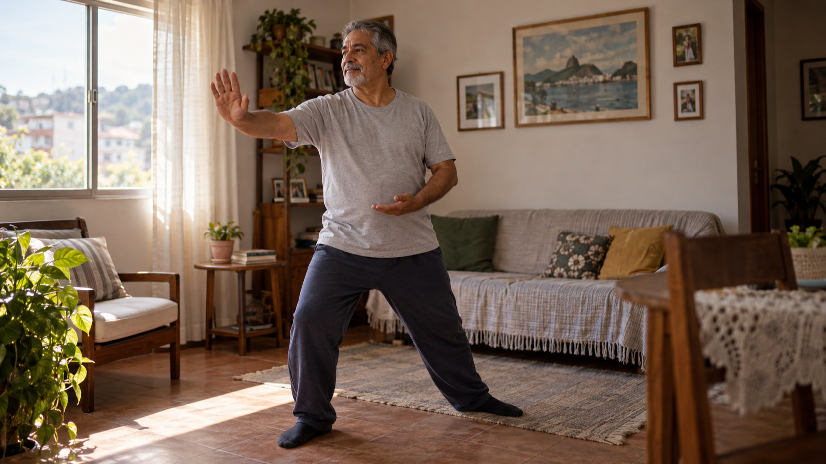 Homem maduro praticando um movimento suave em casa pela manhã